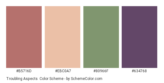 Troubling Aspects - Color scheme palette thumbnail - #B5716D #EBC0A7 #80966F #634768 