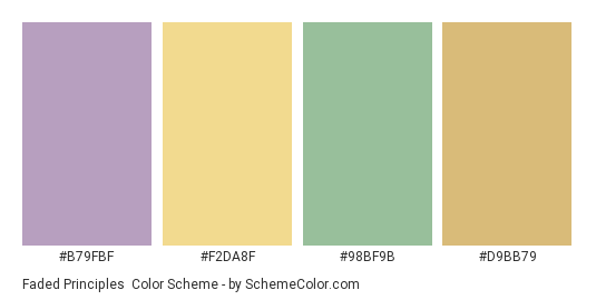 Faded Principles - Color scheme palette thumbnail - #B79FBF #F2DA8F #98BF9B #D9BB79 