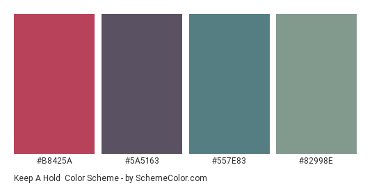 Keep a Hold - Color scheme palette thumbnail - #B8425A #5A5163 #557E83 #82998E 