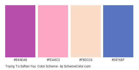 Trying to Soften You - Color scheme palette thumbnail - #B84EAB #FEA8C3 #F8DCC6 #5876BF 