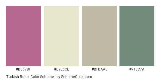 Turkish Rose - Color scheme palette thumbnail - #B8678F #E9E6CE #BFBAA5 #718C7A 