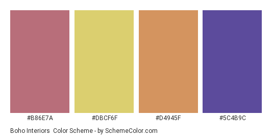 Boho Interiors - Color scheme palette thumbnail - #B86E7A #DBCF6F #D4945F #5C4B9C 