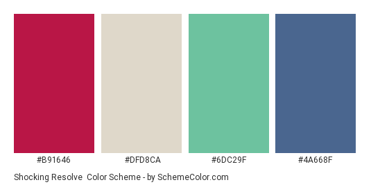 Shocking Resolve - Color scheme palette thumbnail - #B91646 #DFD8CA #6DC29F #4A668F 