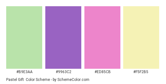 Pastel Gift - Color scheme palette thumbnail - #B9E3AA #9963C2 #ED85CB #F5F2B5 