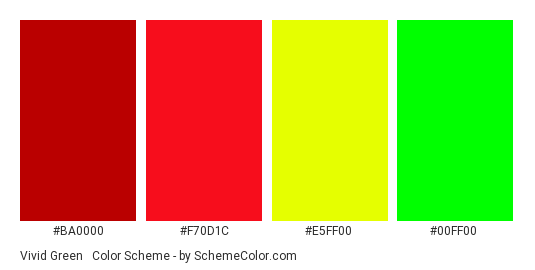 Vivid Green & Red - Color scheme palette thumbnail - #BA0000 #F70D1C #E5FF00 #00FF00 