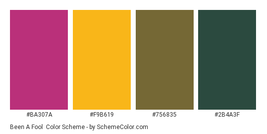 Been a Fool - Color scheme palette thumbnail - #BA307A #F9B619 #756835 #2B4A3F 