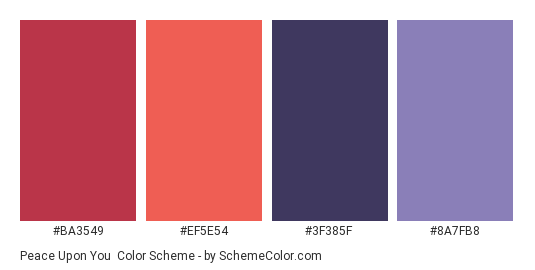 Peace Upon You - Color scheme palette thumbnail - #BA3549 #EF5E54 #3F385F #8A7FB8 