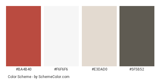 Residential Interior - Color scheme palette thumbnail - #BA4B40 #F6F6F6 #E3DAD0 #5F5B52 
