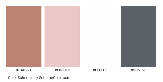White Modern House - Color scheme palette thumbnail - #BA8271 #E8C8C8 #FEFEFE #5C6167 