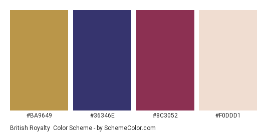 British Royalty - Color scheme palette thumbnail - #BA9649 #36346E #8C3052 #F0DDD1 