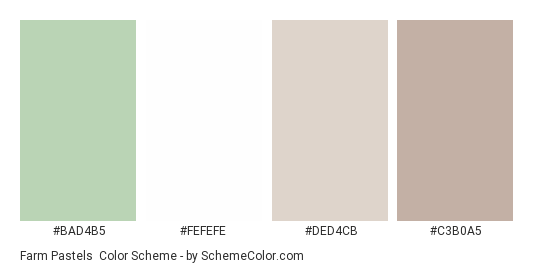 Farm Pastels - Color scheme palette thumbnail - #BAD4B5 #FEFEFE #DED4CB #C3B0A5 