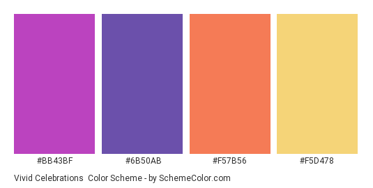 Vivid Celebrations - Color scheme palette thumbnail - #BB43BF #6B50AB #F57B56 #F5D478 