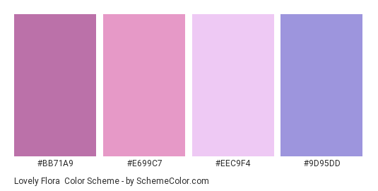 Lovely Flora - Color scheme palette thumbnail - #BB71A9 #E699C7 #EEC9F4 #9D95DD 