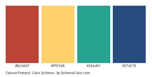 Cannot Pretend - Color scheme palette thumbnail - #BC4437 #FFD16B #26A491 #274C7E 