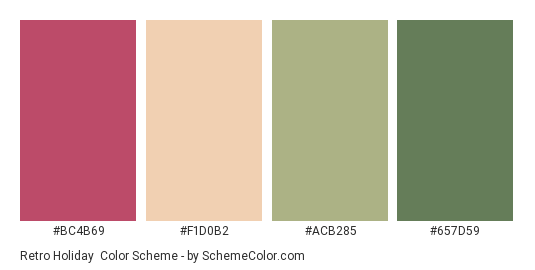 Retro Holiday - Color scheme palette thumbnail - #BC4B69 #F1D0B2 #ACB285 #657D59 