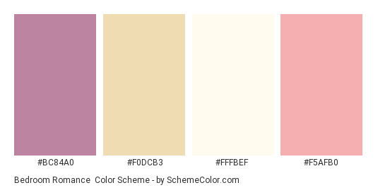 Bedroom Romance - Color scheme palette thumbnail - #BC84A0 #F0DCB3 #FFFBEF #F5AFB0 
