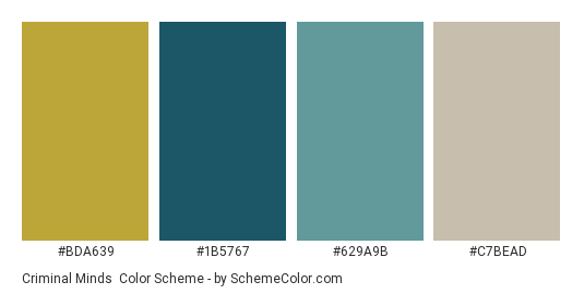 Criminal Minds - Color scheme palette thumbnail - #BDA639 #1B5767 #629A9B #C7BEAD 