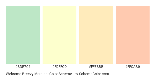 Welcome Breezy Morning - Color scheme palette thumbnail - #BDE7C6 #FDFFCD #FFEBBB #FFCAB0 