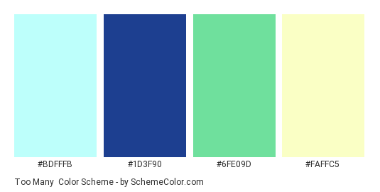 Too Many - Color scheme palette thumbnail - #BDFFFB #1D3F90 #6FE09D #FAFFC5 