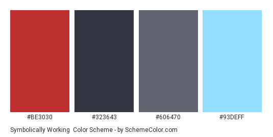 Symbolically Working - Color scheme palette thumbnail - #BE3030 #323643 #606470 #93DEFF 
