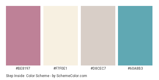 Step Inside - Color scheme palette thumbnail - #BE8197 #F7F0E1 #D8CEC7 #60A8B3 