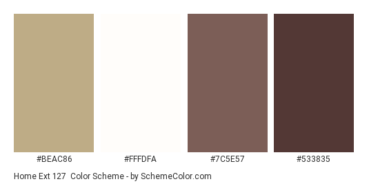 Home Ext 127 - Color scheme palette thumbnail - #BEAC86 #FFFDFA #7C5E57 #533835 