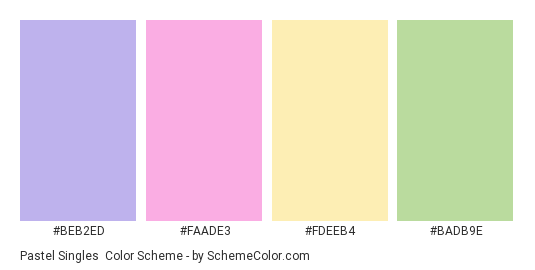Pastel Singles - Color scheme palette thumbnail - #BEB2ED #FAADE3 #FDEEB4 #BADB9E 