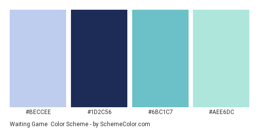 Waiting Game - Color scheme palette thumbnail - #BECCEE #1D2C56 #6BC1C7 #AEE6DC 
