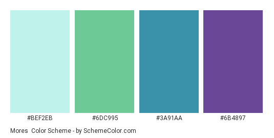 Mores - Color scheme palette thumbnail - #BEF2EB #6DC995 #3A91AA #6B4897 