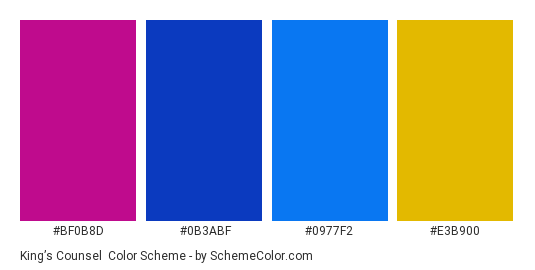 King’s Counsel - Color scheme palette thumbnail - #BF0B8D #0B3ABF #0977F2 #E3B900 