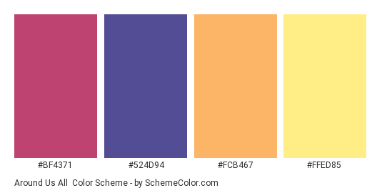 Around Us All - Color scheme palette thumbnail - #BF4371 #524D94 #FCB467 #FFED85 