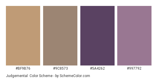 Judgemental - Color scheme palette thumbnail - #BF9B76 #9C8573 #5A4262 #997792 