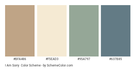 I Am Sorry - Color scheme palette thumbnail - #BFA486 #F5EAD3 #95A797 #637B85 