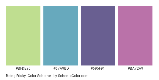 Being Frisky - Color scheme palette thumbnail - #BFDE90 #67A9BD #695F91 #BA72A9 