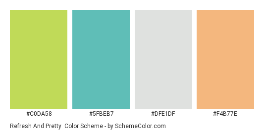 Refresh and Pretty - Color scheme palette thumbnail - #C0DA58 #5FBEB7 #DFE1DF #F4B77E 