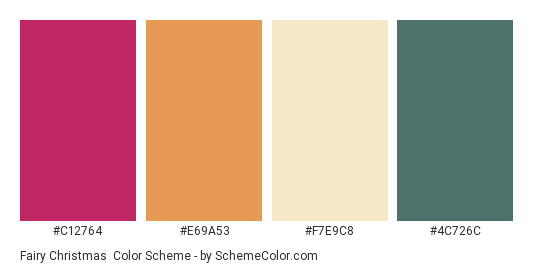 Fairy Christmas - Color scheme palette thumbnail - #C12764 #E69A53 #F7E9C8 #4C726C 