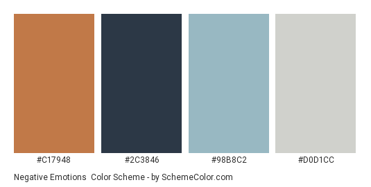 Negative Emotions - Color scheme palette thumbnail - #C17948 #2C3846 #98B8C2 #d0d1cc 