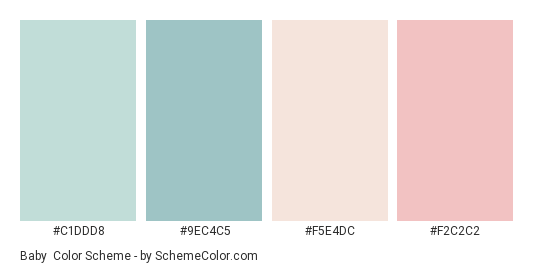 Baby - Color scheme palette thumbnail - #C1DDD8 #9EC4C5 #F5E4DC #f2c2c2 