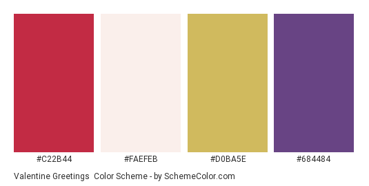 Valentine Greetings - Color scheme palette thumbnail - #C22B44 #FAEFEB #d0ba5e #684484 