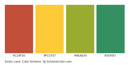 Exotic Land - Color scheme palette thumbnail - #C24F3A #FCC937 #9BAB30 #359061 
