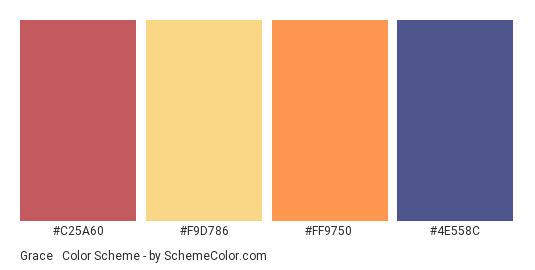 Grace & Style - Color scheme palette thumbnail - #C25A60 #F9D786 #FF9750 #4E558C 
