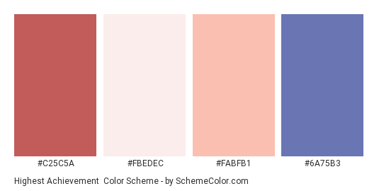 Highest Achievement - Color scheme palette thumbnail - #C25C5A #FBEDEC #FABFB1 #6A75B3 