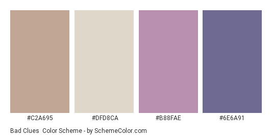 Bad Clues - Color scheme palette thumbnail - #C2A695 #DFD8CA #B88FAE #6E6A91 