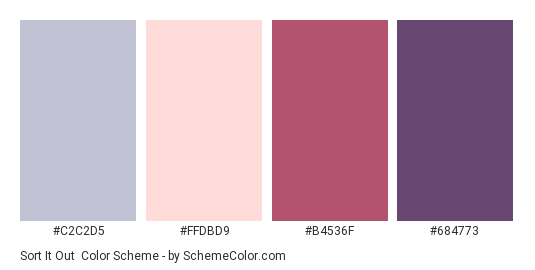 Sort It Out - Color scheme palette thumbnail - #C2C2D5 #FFDBD9 #B4536F #684773 