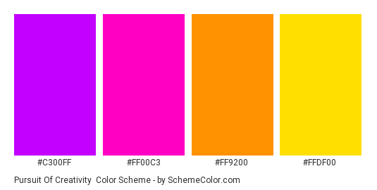 Pursuit of Creativity - Color scheme palette thumbnail - #C300FF #FF00C3 #FF9200 #FFDF00 