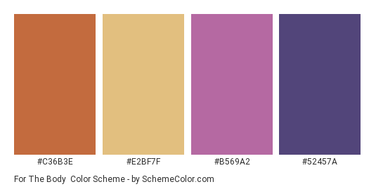 For the Body - Color scheme palette thumbnail - #C36B3E #E2BF7F #B569A2 #52457A 