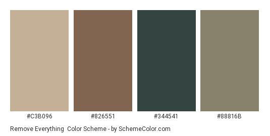 Remove Everything - Color scheme palette thumbnail - #C3B096 #826551 #344541 #88816B 
