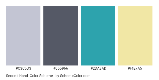 Second-Hand - Color scheme palette thumbnail - #C3C5D3 #555966 #2DA3AD #F1E7A5 