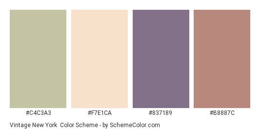 Vintage New York - Color scheme palette thumbnail - #C4C3A3 #F7E1CA #837189 #B8887C 