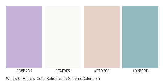 Wings of Angels - Color scheme palette thumbnail - #C5B2D9 #FAF9F5 #E7D2C9 #92B9BD 